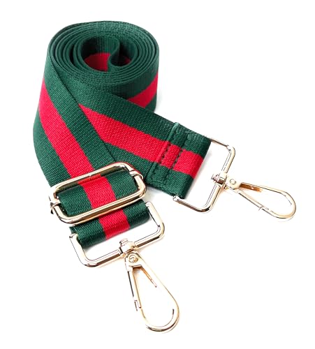 Image of Classic Green Red Stripe Purse Strap with Light Gold Hardware 1-1 /2 Inch Wide Replacement Crossbody Guitar Style Shoulder Strap for Handbags Totes