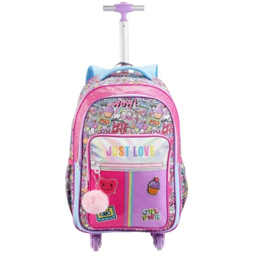 Mochila Escolar Infantil com Rodinhas, Alça Telescópica 2 Níveis, Bolsos Espaçosos, Design Colorido, Compartimentos Grandes, Material Resistente, para Meninas Criança (Mochila de Rodas)