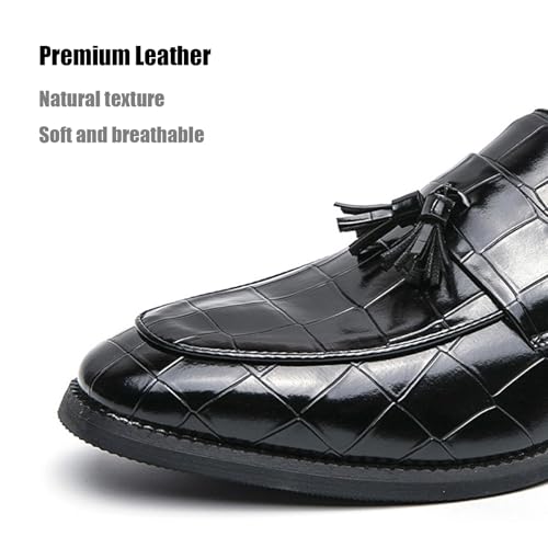 Men's Classic Leather Printed Dress Loafers with Tassel Fashion Round Toe Slip On Comfort Soft Sole Chunky Heel Formal Dress Shoes for Party Wedding Business Work Office2