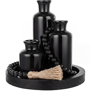 5 Pcs Rustic Tabletop Centerpieces Decor Set of 3 Boho Ceramic Vases with Wooden Serving Tray Wood Bead Garland Tassels Table Holder for Home Decorations (Black)