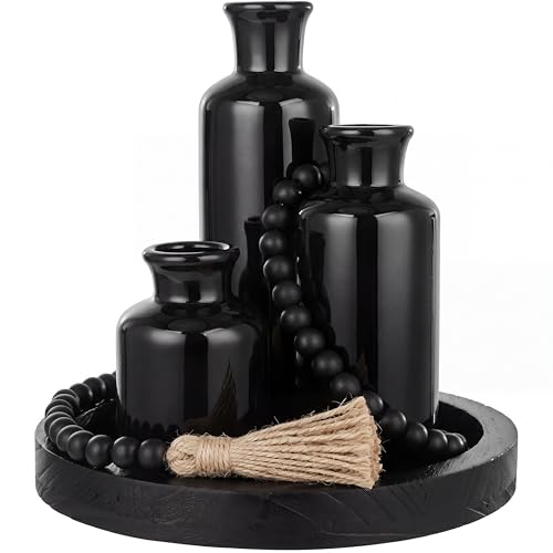 5 Pcs Rustic Tabletop Centerpieces Decor Set of 3 Boho Ceramic Vases with Wooden Serving Tray Wood Bead Garland Tassels Table Holder for Home Decorations (Black)