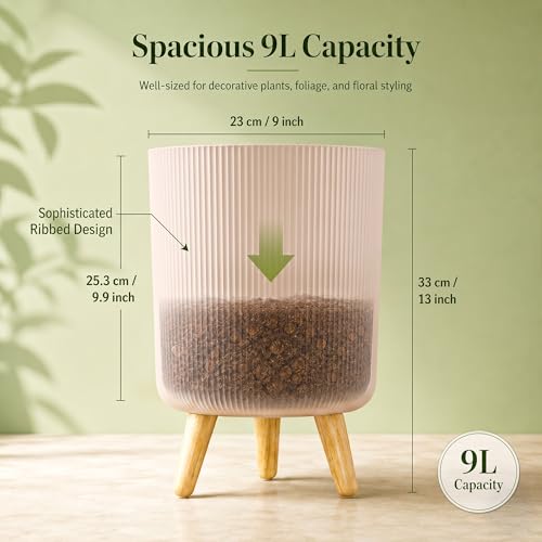 Image of Eightiz Store Modern Warm Beige Flower Pot with Plastic Legs | Indoor Outdoor Planter for Home Garden Balcony Decor Ribbed Design Sturdy Plastic Mid-Century Style (Warm Beige, Pack of 2)