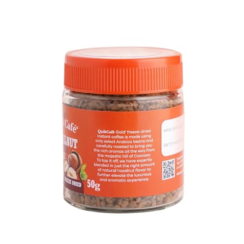 Image of QuikCafe Premium Instant Coffee, Natural Hazelnut Flavor - 1.76 oz (50g) Freeze Dried Arabica beans for Maximum flavor Delivery and Easy Solubility, All-Natural, Preservative-Free - Just Add Hot Water