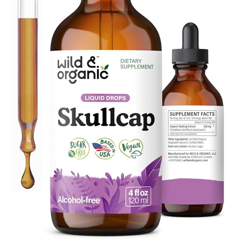 Wild & Organic Skullcap Herb Tincture - Skullcap Supplement for Mood Support - Relaxing Liquid Extract Drops - Vegan Sugar & Alcohol-Free - 4 fl oz