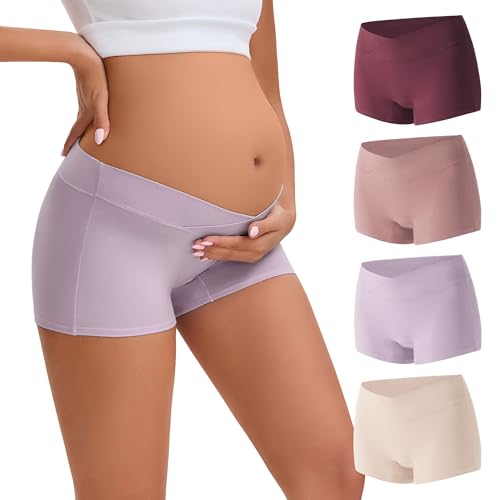 INNERSY Women's Maternity Underwear Cotton Under the Bump Pregnancy Postpartum Boyshorts Panties 4-Pack(Lavender,Large)