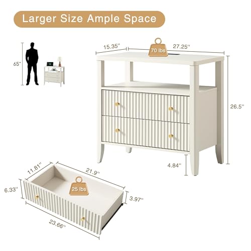 Image of Fluted Nightstand with Charging Station Set of 2, 27.3 inch Wide Modern Bedside Table with 2 Drawers & Open Shelf, Large Wood End Table with Storage & Metal Handle for Bedroom, Cream White