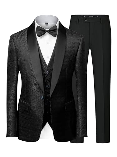 Men's 3 Piece Patterned Suit Set with Shawl Lapel One Button Tuxedo for Weddings and Galas