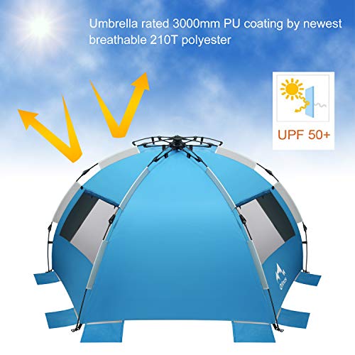 Oileus X-Large 4 Person Beach Tent Sun Shelter - Portable Sun Shade Instant Tent for Beach with Carrying Bag, Stakes, 6 Sand Pockets, Anti UV for Fishing Hiking Camping, Waterproof Windproof, Blue4