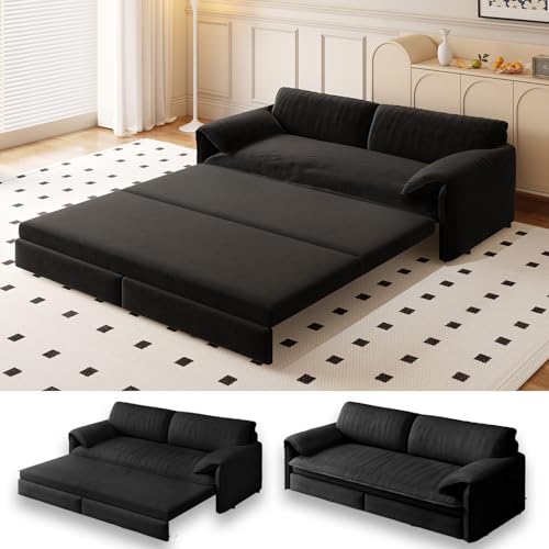UPYOOE 66" Futon Sofa Bed Queen Size, Pull Out Bed, 3-in-1 Convertible Sleeper Sofa with Side Pocket, Modern Velvet Futon Couch for Living Room, Small Space, Apartment, Bedroom, Black