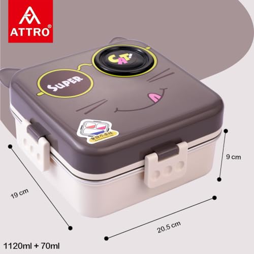 Image of ATTRO Carnival Super Cat Lunch Box 2 Layer Stainless Steel Lunch Box Comes with 1 Detachable Tray, 1 Small Container & 1 Spoon Ideal for Kids BPA Free 1120ml+70ml- Grey