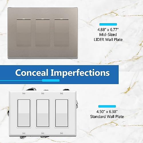 Image of LIDER Decorator Switch Cover, Screwless Wall Plate, Mid-Size 3-Gang 4.88 inch x 6.77 inch, LSWP-33M-NK, UL Listed, Thermoplastic, Matte Nickel, 1-Pack
