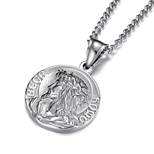 MOO&LEE Mens Stainless Steel Crown of Thorns Head of Jesus Christ Pendant Necklace Round Medal Prayer Coin Pendant with Link Chain2