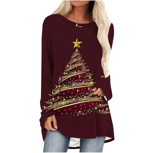Cyber of Monday Womens Xmas Tree Graphic Shirts Oversized Crewneck Long Sleeve Glitter Tunic Blouse Casual Christmas Holiday Pullover Christmas Shirt for Women