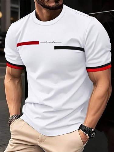 QJQ Men's Letter Graphic Tees Streetwear Short Sleeve Crewneck Color Block T Shirts Casual Summer Trendy Tops White3
