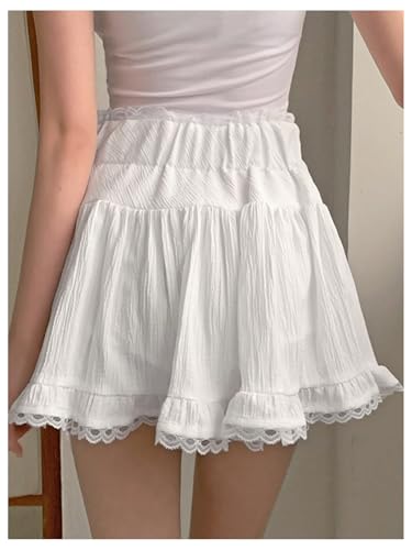 GORGLITTER Women's Y2k Lace Trim Mini Skirt Ruffle Hem High Waist Flowy Coquette Skirts3