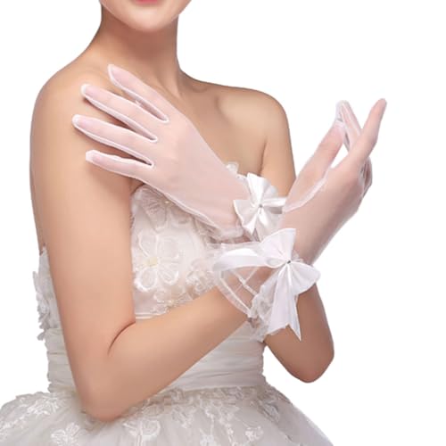 Housoutil Guantes de Novia para Boda Mujer Lazo de Poliéster Blanco, Cómodos y Elegantes para Iglesia y Ópera, Diseño de Dedo Completo para Ceremonia