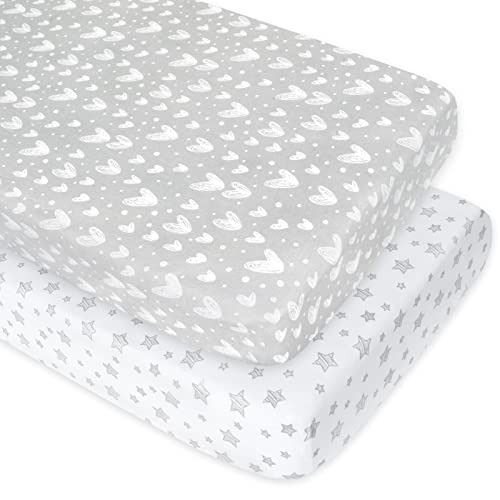 Image of Biloban Cotton Crib Mattress Sheet Fitted, Crib Sheets for Boys and Girls, Extremely Soft Jersey Knit Egyptian Cotton Sheet for Standard Crib,Star and Heart Print