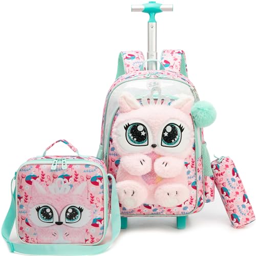 Meetbelify Linda mochila de pelúcia 3D com rodinhas para meninas com rodas para estudantes do ensino fundamental, Raposa rosa, 16.5' x 11.8' x 7'
