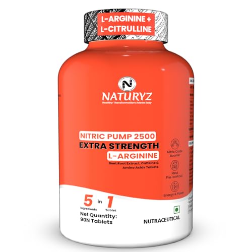Image of NATURYZ Nitric Pump 2500 Mg Extra Strength L-Arginine | L Citrulline | Caffeine | Boosts Stamina | Energy | Increases Blood Flow | Improves Performance | Ideal Pre-workout Supplement for Men & Women - 90 Tablets