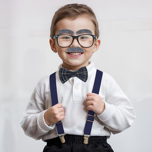 Kids Old Man Costume 100 Day of School Grandpa Costume for Boys 1920s Old Man Outfit Halloween Old Man Costume Dress Up Set Including Bow Tie Beard Eyebrow Suspenders Glasses for Kids Boy Halloween
