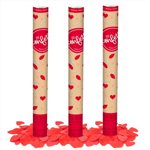 OH YEAH - 3 Unidades - Cañón Confeti Corazones y Pétalos Rojos - 50 cm - Fiestas y Celebraciones - Ideal para Bodas, Cumpleaños, Eventos y Despedidas - Gran Potencia de Alcance - FÁCIL DE USAR