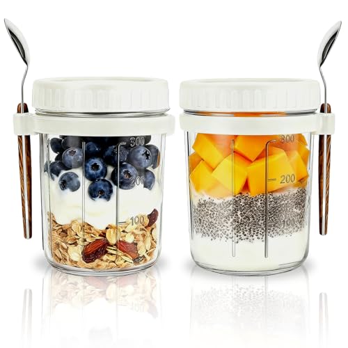 2 Pack Overnight Oats Containers with Lids and Spoons 16 Oz Glass Mason Jars, Vegetable and Fruit Salad Storage Container with Measurement Marks, Glasss Jars for Cereals,Yogurt (Two Color -2Pack)