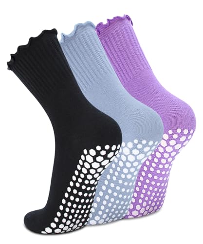 SkiBeaut Calcetines de yoga para mujer, antideslizantes, 3 pares, calcetines de hospital antideslizantes para mujer, #02 Negro+ Azul + Morado - 3 pares, 5-9
