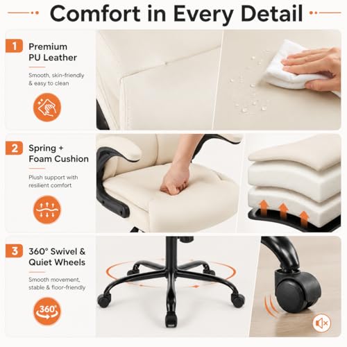 Image of Ergonomic PU Leather Office Chair - Executive Computer Desk Chair with Lumbar Support & Wide Seat, Adjustable Height Task Chair with 360 Swivel & Quiet Wheels for Home Office, Gaming, White