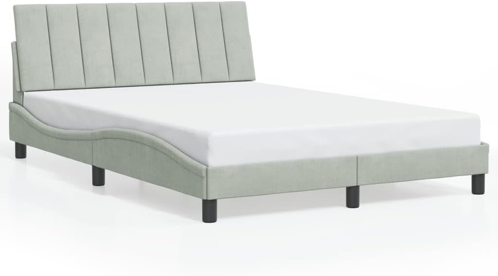Bed Frame with LED Light Gray Velvet Upholstery 53.9"x74.8" Platform Foundation with Slatted Plywood, Sturdy Headboard, Easy Assembly for Modern Bedroom Furniture