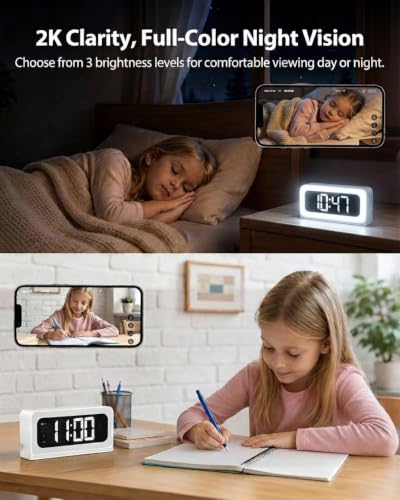 Image of 2K Clock Camera, 5G&2.4G WiFi Indoor Security Camera, Color Night Vision, Motion Detection with Alerts & Siren, 5200mAh Battery, Micro SD /Cloud Storage, Night Light