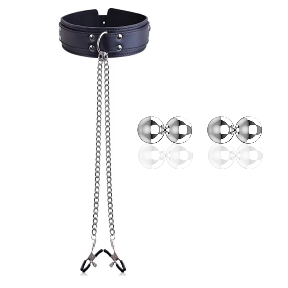 BDSMYEE Pinces à Tétons Réglable Bondage Collier + 4 Métal Pinces à Tétons, Pinces à Seins avec Chaîne Sextoys Adultes pour Femmes Hommes Couples