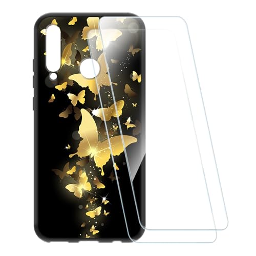 ESCAMOT Funda Estampada + 2 Protectores de Pantalla Vidrio Templado Compatible con Huawei Honor 20E, Carcasa Suave Antigolpes y Película HD (Mariposa Dorada)