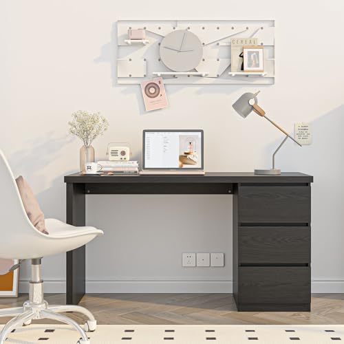 furtble Computer Desk with Drawers, 53.5 inches Wood Work Desk, Home Office Desks Workstation with Storage, Modern Gaming Computer Table for Bedroom, Living Room, Black