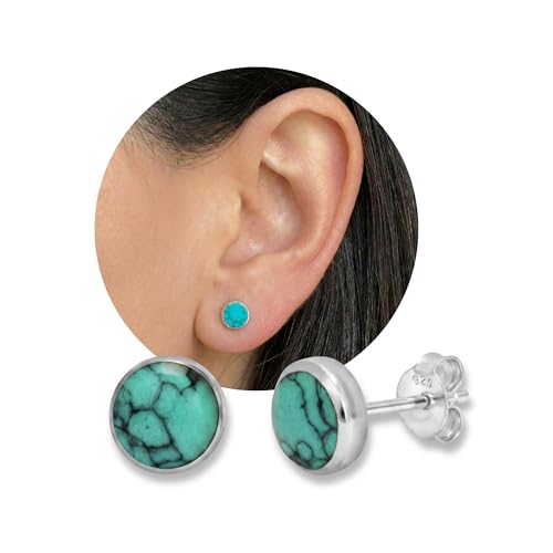 Sterling Silver Gemstone Stud Earrings for Women, Handmade Dainty Minimalist Post Earrings, Small Classic Everyday Jewelry (6mm-Round-Turquoise)