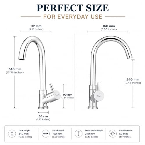 Image of ZAP Pluto Swan Neck Kitchen Tap | Premium Brass Body with Chrome Finish | Deck Mounted Faucet for Kitchen Sink & Wash Basin | Smooth Water Flow | Rust Resistant Long Neck Water Tap