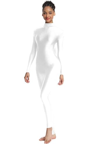 OVIGILY Adult High Neck Long Sleeve Dance Unitard for Women Bodysuits - White - L