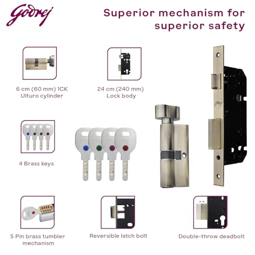 Image of Godrej Mortise Lock|Handle Lock Set for Main & Bedroom Door| Twist Rossette Home Decor Handle|Sunset Rose Gold Finish|9 Inch Lockbody|60 mm 1CK Cylinder - Knob from Inside & 3 Keys |5 Years Warranty