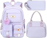 Hidds School Backpack for Teen Girls Women College Laptop Backpacks Girl Cute Bookbag Set with Lunch Box Pencil Case Kids Elementary Middle High Bag 3 Pcs Students Bookbags Set Travel Daypack-Purple