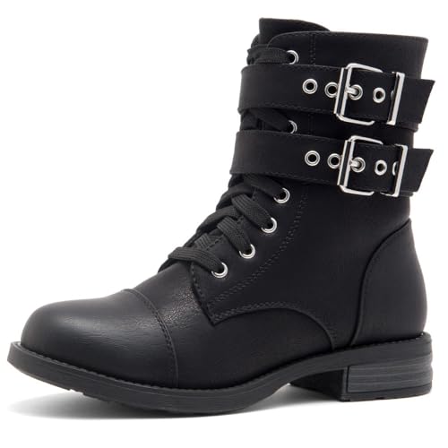Herstyle Florence2 Women's Combat Booties Mid-Calf Boots Ankle Lace up Military Shoes, 1721Black,Size 6.5