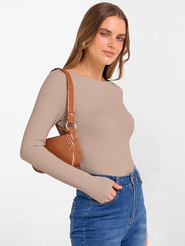 Image of ANRABESS Women's Boat Neck Long Sleeve Shirts Rib Knit Slim Fitting Tops Basic Tees 2026 Casual Comfy Fall Outfits Clothes