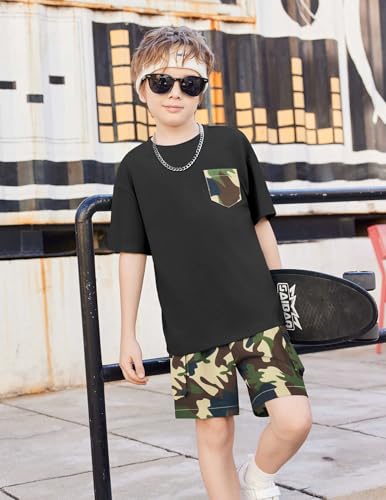 Image of Arshiner Boys' 2-Piece Cotton Outfit Short Sleeve Crewneck T-Shirt & Cargo Shorts Set Summer Casual Clothes for Kids 5-13