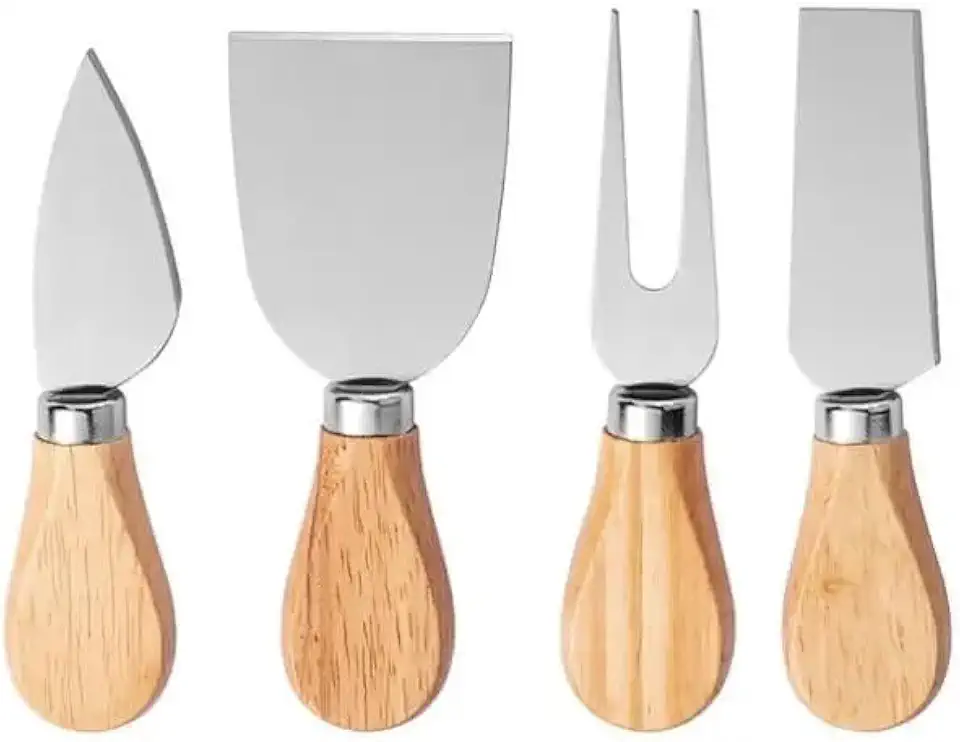 Kit Para Queijo 4 Peças em Aço Inox com Cabo de Bambu – Faca, Garfo e Espátulas para Cortar e Servir Queijos Frescos, Moles e Duros – Conjunto Gourmet para Vinhos, Petiscos e Tábuas de Frios