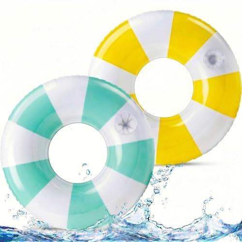 PullCrease 2 Pcs 42" Large Pool Float with Cup Holder Vintage Stripe Inflatable Tube Pool Float Swim Rings for Adults Summer Lounger Beach Party Supplies (Mint Green,Yellow) by PullCrease - Used condition - US$14.40