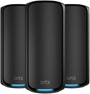 Orbi 970 Series Quad-Band WiFi 7 Mesh Network System RBE973S, Router + 2 Satellite Extenders, Covers Up to 10,000 sq. ft., 200 Devices, 10 Gig Internet Port, BE27000 Up to 27Gbps - Black