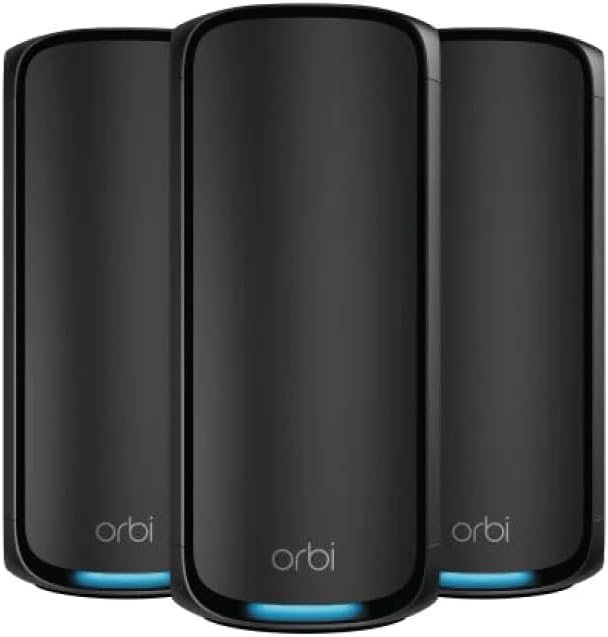 Orbi 970 Series Quad-Band WiFi 7 Mesh Network System RBE973S, Router + 2 Satellite Extenders, Covers Up to 10,000 sq. ft., 200 Devices, 10 Gig Internet Port, BE27000 Up to 27Gbps - Black