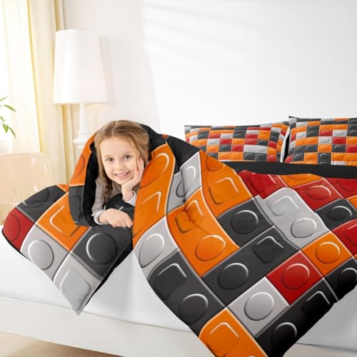 Image of Feelyou Building Blocks Brick Comforter Set King Size Bedding | Toddler Duvet Set Room Decor 3Pcs Orange Black Warm Cozy Breathable Lightweight All Season