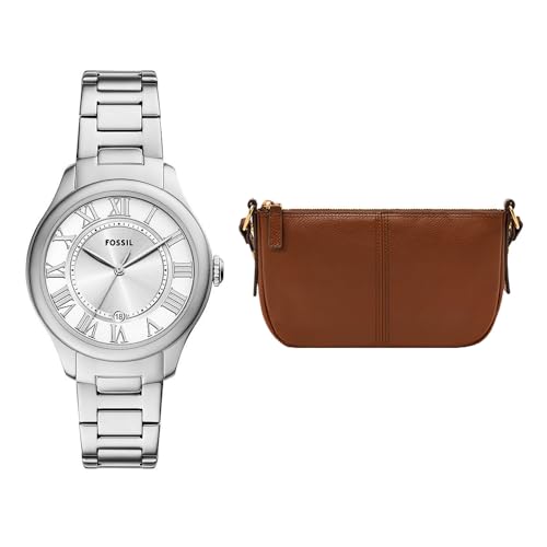 Fossil Mujer Reloj de Acero Inoxidable Plateado Gilmore y Bolsa Jolie Marrón, Set