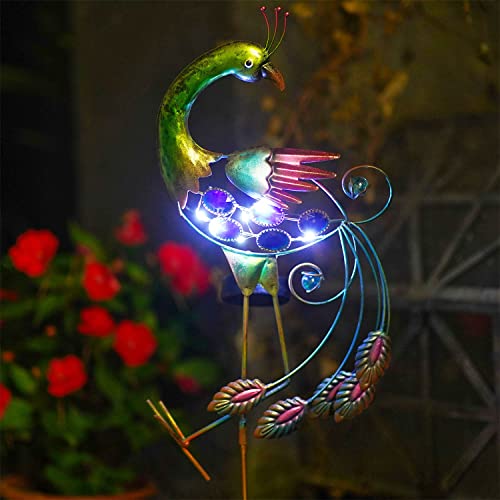 GDF 23" Solar Peacock Garden Decor,Outdoor Metal Peacock Decorative Garden Stakes,Waterproof