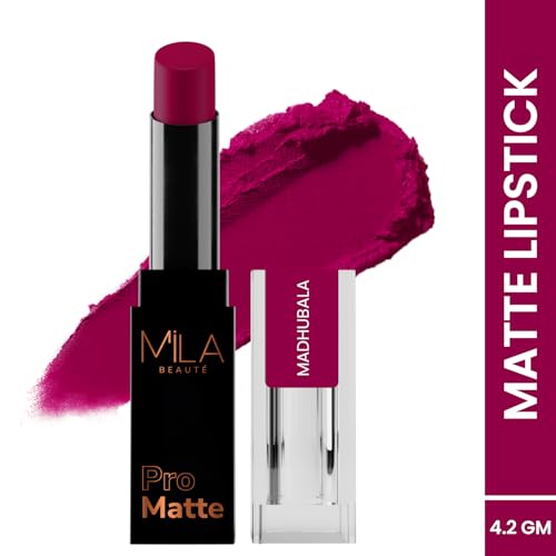 Image of Mila Beaute Pro Matte Lipstick | Highly Pigmented & Long lasting | Semi Matte Finish | Light Weight Lipstick | Single Swipe Application | Luxurious Lip Color | Shade - (Madhubala, 4.2g) (Pack of 2)