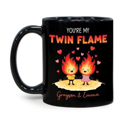Personalized Flaming Couple Coffee Mug, You're My Twin Flame Mugs, Adorable Valentines Day Mug Gifts For Her & Him, Twin Flame Couple Cups, Custom Names Couples Ceramic Cup, Black Cup 11oz 15oz